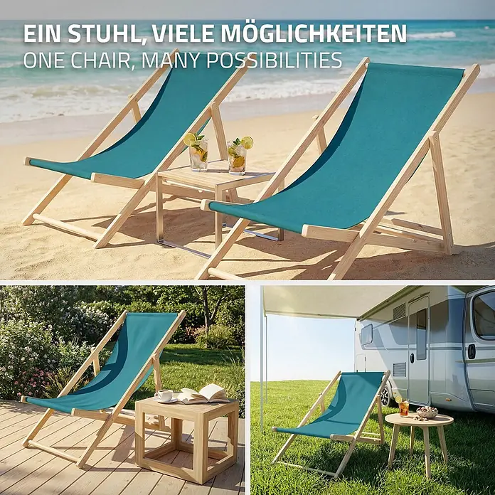 ECD Germany Garten-Liegestuhl 3er Set Sonnenliege Dunkelgrün Klappliegestuhl Relaxliege - Holz, Polyester, Petrol - Vielseitiger Liegestuhl mit Holzgestell und türkisem Stoff, am Strand, im Garten und neben einem Wohnmobil gezeigt.