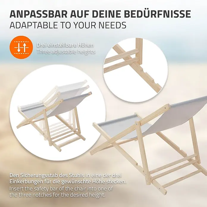 ECD Germany Garten-Liegestuhl Sonnenliege Hellgrau Klappliegestuhl 117x52x10cm Relaxliege - 1 Stk., Holz, Polyester, Hellgrau, Braun - Holzliegestuhl mit hellgrauem Stoff, zeigt drei verstellbare Liegepositionen.