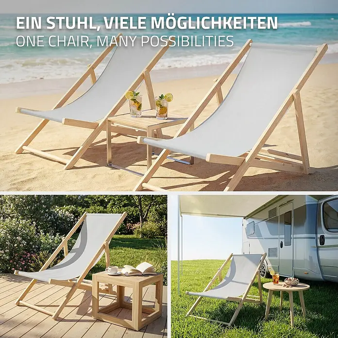 ECD Germany Garten-Liegestuhl Sonnenliege Hellgrau Klappliegestuhl 117x52x10cm Relaxliege - 1 Stk., Holz, Polyester, Hellgrau, Braun - Klappbarer Liegestuhl mit Holzrahmen und hellgrauem Stoff, in verschiedenen Außenbereichen gezeigt.
