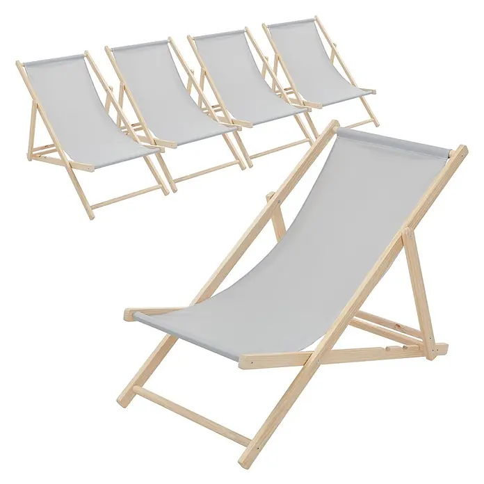 ECD Germany Garten-Liegestuhl 5er Set Sonnenliege Hellgrau Klappliegestuhl Relaxliege - Holz, Polyester, Hellgrau, Braun - Fünf hellgraue Liegestühle mit Holzgestell.