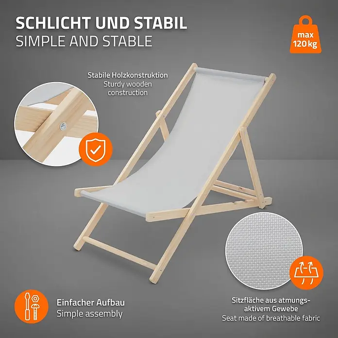 ECD Germany Garten-Liegestuhl Sonnenliege Hellgrau Klappliegestuhl 117x52x10cm Relaxliege - 1 Stk., Holz, Polyester, Hellgrau, Braun - Leichter Holzliegestuhl mit hellgrauem, atmungsaktivem Stoffbezug. Stabile Konstruktion, einfache Montage, max. 120 kg.