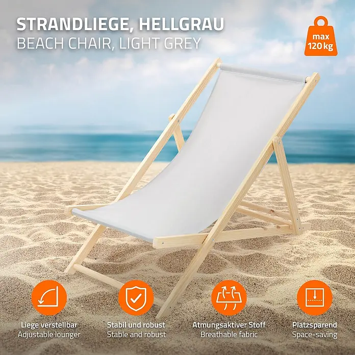 ECD Germany Garten-Liegestuhl Sonnenliege Hellgrau Klappliegestuhl 117x52x10cm Relaxliege - 1 Stk., Holz, Polyester, Hellgrau, Braun - Hellgrauer Strandliegestuhl aus Holz am Sandstrand.