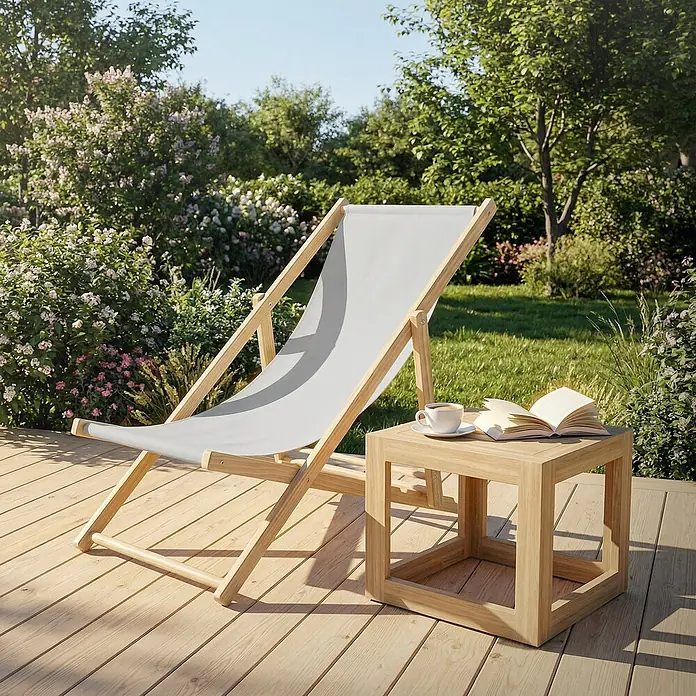 ECD Germany Garten-Liegestuhl Sonnenliege Hellgrau Klappliegestuhl 117x52x10cm Relaxliege - 1 Stk., Holz, Polyester, Hellgrau, Braun - Heller Holz-Liegestuhl mit weißem Stoff und passendem quadratischem Beistelltisch, mit Kaffeetasse und Buch, auf Holzterrasse im Garten.