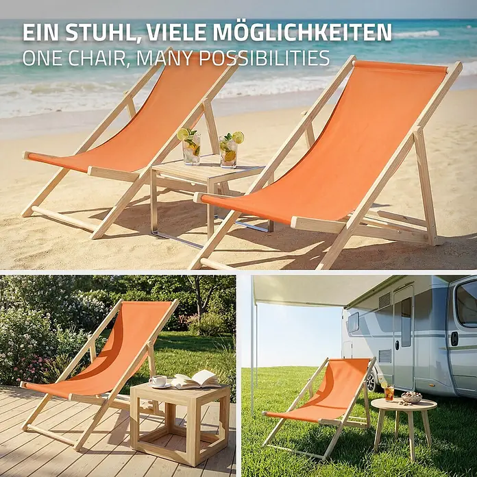ECD Germany Garten-Liegestuhl Sonnenliege Orange Klappliegestuhl Relaxliege - 1 Stk., Holz, Polyester, Orange, Braun - Orangefarbener Stoff-Liegestuhl aus Holz, auf Strand, Gartenterrasse und Wiese, vielseitig einsetzbar im Freien.