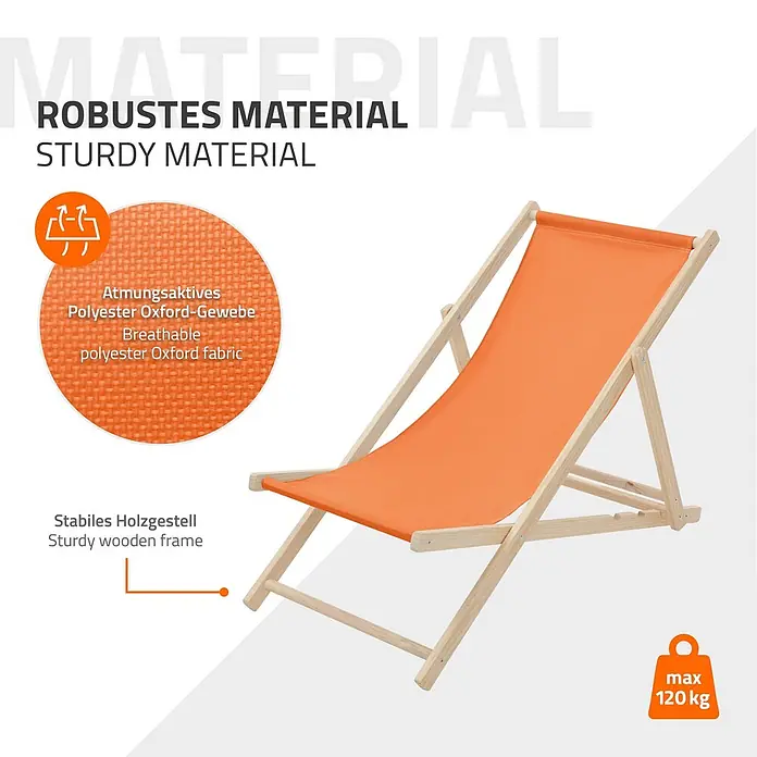 ECD Germany Garten-Liegestuhl Sonnenliege Orange Klappliegestuhl Relaxliege - 1 Stk., Holz, Polyester, Orange, Braun - Orange Klappliege aus atmungsaktivem Polyester-Oxford-Gewebe mit stabilem Holzgestell, max. 120 kg.