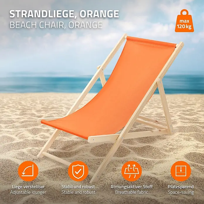 ECD Germany Garten-Liegestuhl Sonnenliege Orange Klappliegestuhl Relaxliege - 1 Stk., Holz, Polyester, Orange, Braun - Orangene Strandliege mit Holzrahmen am Sandstrand. Max. 120 kg Traglast.