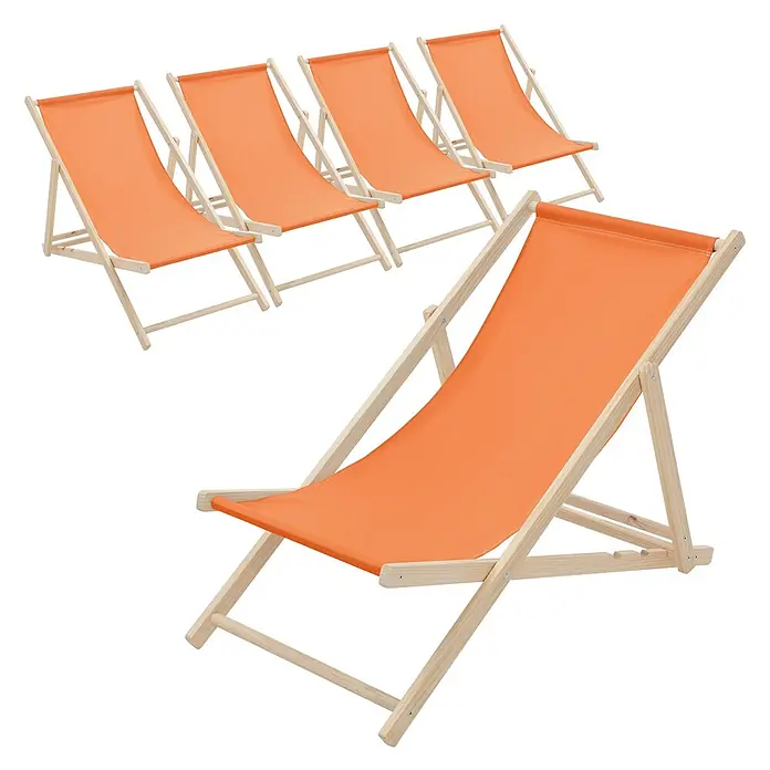 ECD Germany Garten-Liegestuhl 5er Set Sonnenliege Orange Klappliegestuhl Relaxliege - Holz, Polyester, Orange, Braun - Satz orangefarbener Stoff-Liegestühle mit hellen Holzrahmen.