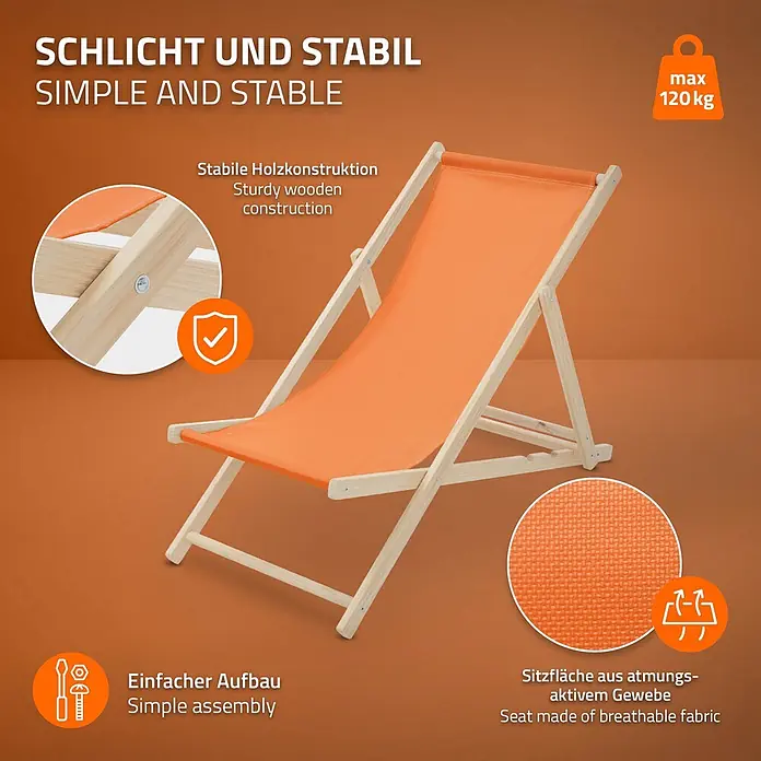ECD Germany Garten-Liegestuhl Sonnenliege Orange Klappliegestuhl Relaxliege - 1 Stk., Holz, Polyester, Orange, Braun - Oranger Liegestuhl mit hellem Holzgestell und atmungsaktivem Stoffbezug.