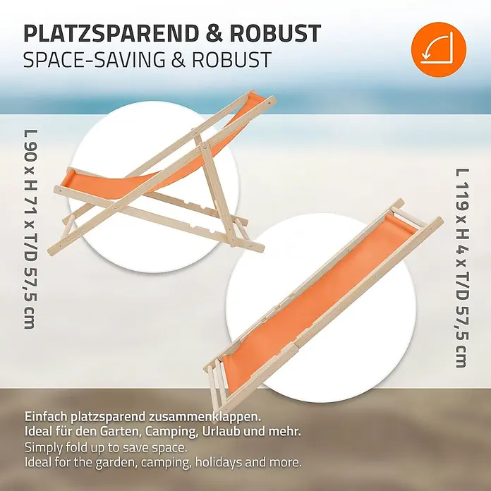 ECD Germany Garten-Liegestuhl Sonnenliege Orange Klappliegestuhl Relaxliege - 1 Stk., Holz, Polyester, Orange, Braun - Orangefarbener Klappliegestuhl mit hellem Holzrahmen, offen und zusammengeklappt dargestellt.