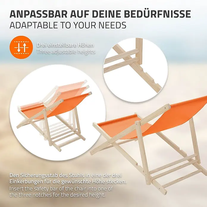 ECD Germany Garten-Liegestuhl Sonnenliege Orange Klappliegestuhl Relaxliege - 1 Stk., Holz, Polyester, Orange, Braun - Oranger Liegestuhl mit Holzrahmen, in verschiedenen verstellbaren Höhenpositionen gezeigt. Er verfügt über drei Einstellkerben.