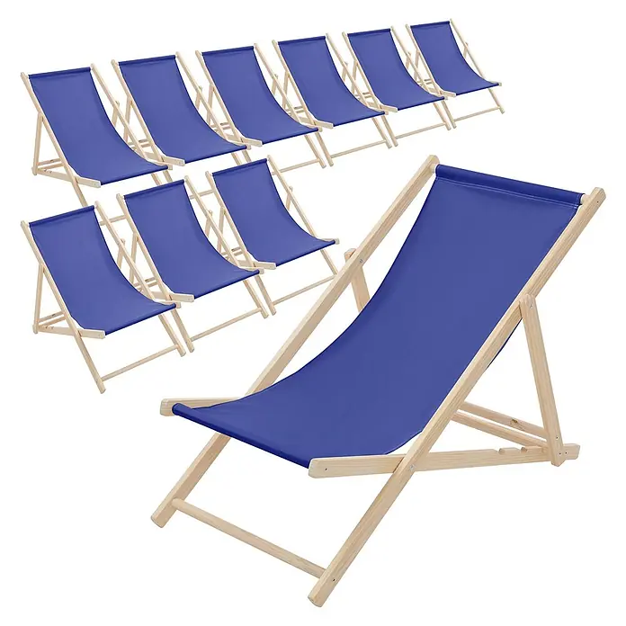 ECD Germany Garten-Liegestuhl 10er Set Sonnenliege Dunkelblau Klappliegestuhl Relaxliege - Holz, Polyester, Dunkelblau, Braun - Blaue Liegestühle mit Holzrahmen, einer im Vordergrund.