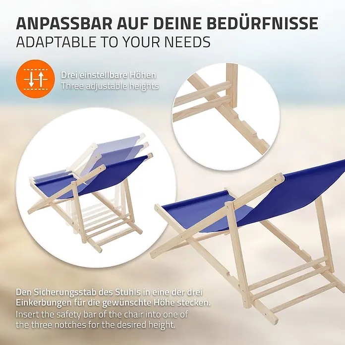 ECD Germany Garten-Liegestuhl Sonnenliege Dunkelblau Klappliegestuhl Relaxliege - 1 Stk., Holz, Polyester, Dunkelblau, Braun - Verstellbarer Holz-Liegestuhl mit blauem Stoff, 3 Höhen durch Sicherheitsstab und Einkerbungen.