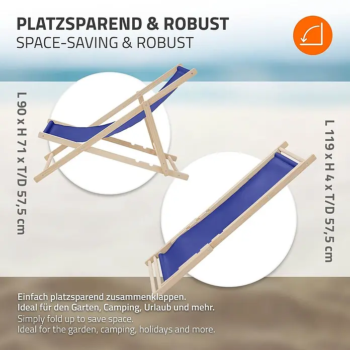 ECD Germany Garten-Liegestuhl Sonnenliege Dunkelblau Klappliegestuhl Relaxliege - 1 Stk., Holz, Polyester, Dunkelblau, Braun - Klappbarer blauer Liegestuhl mit Holzrahmen, offen und kompakt gefaltet zur platzsparenden Aufbewahrung gezeigt.