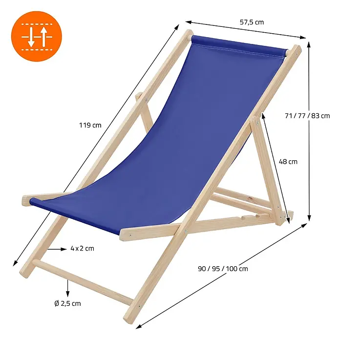 ECD Germany Garten-Liegestuhl Sonnenliege Dunkelblau Klappliegestuhl Relaxliege - 1 Stk., Holz, Polyester, Dunkelblau, Braun - Verstellbarer blauer Liegestuhl mit Holzrahmen, Maße angezeigt.