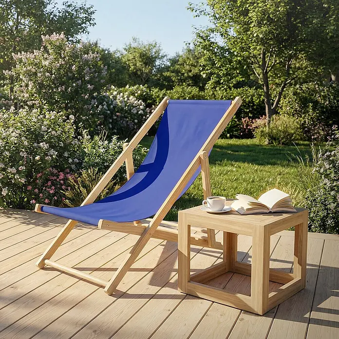 ECD Germany Garten-Liegestuhl Sonnenliege Dunkelblau Klappliegestuhl Relaxliege - 1 Stk., Holz, Polyester, Dunkelblau, Braun - Holzliegestuhl mit blauem Stoff neben einem Holztisch auf einer Terrasse, bereit für den Außenbereich.