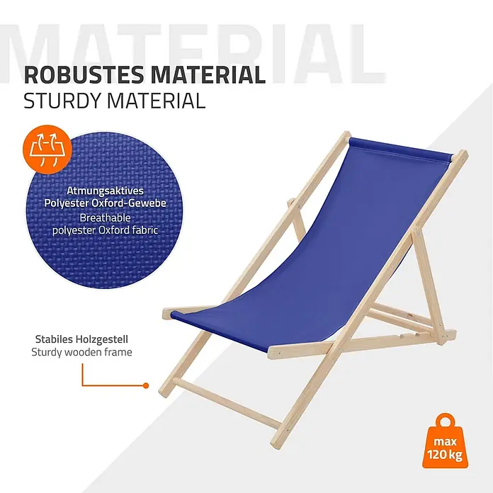 ECD Germany Garten-Liegestuhl Sonnenliege Dunkelblau Klappliegestuhl Relaxliege - 1 Stk., Holz, Polyester, Dunkelblau, Braun - Blauer Liegestuhl mit stabilem Holzgestell und atmungsaktivem Oxford-Gewebe, max. 120 kg Belastbarkeit.