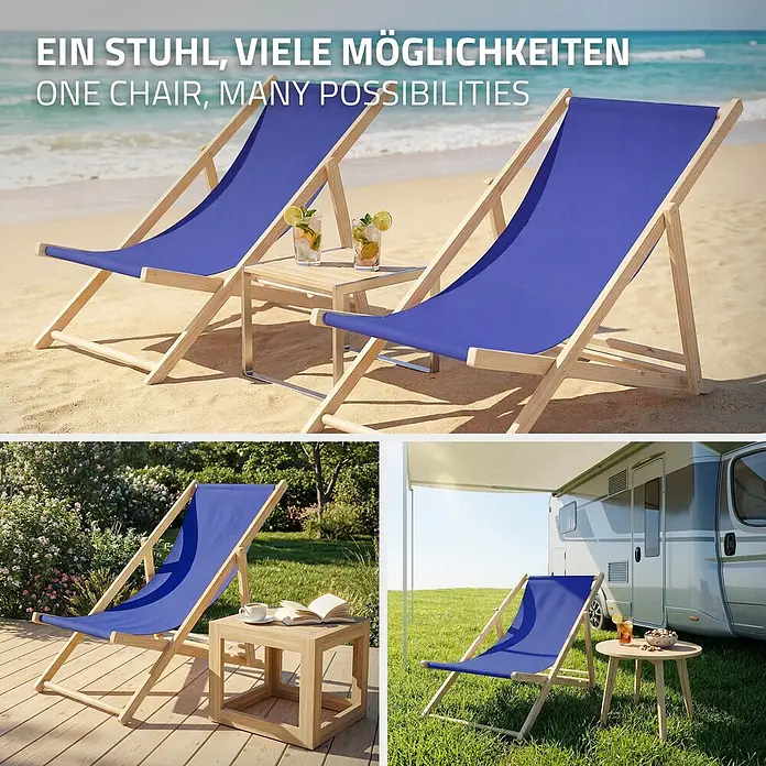 ECD Germany Garten-Liegestuhl Sonnenliege Dunkelblau Klappliegestuhl Relaxliege - 1 Stk., Holz, Polyester, Dunkelblau, Braun - Vielseitiger Liegestuhl mit blauem Stoff und Holzgestell, ideal für Strand, Garten oder Camping.