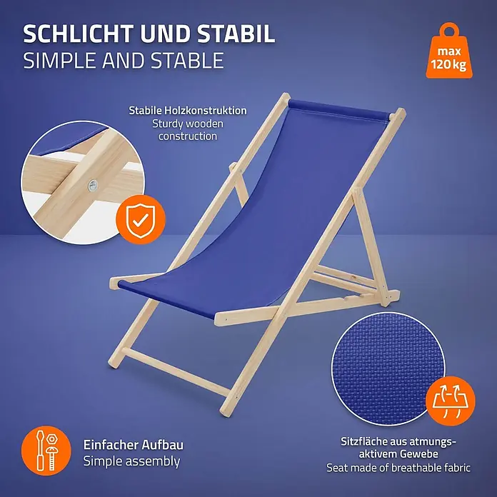 ECD Germany Garten-Liegestuhl Sonnenliege Dunkelblau Klappliegestuhl Relaxliege - 1 Stk., Holz, Polyester, Dunkelblau, Braun - Blauer Liegestuhl mit stabilem Holzrahmen, atmungsaktiver Sitzfläche und 120 kg Tragfähigkeit, einfache Montage.