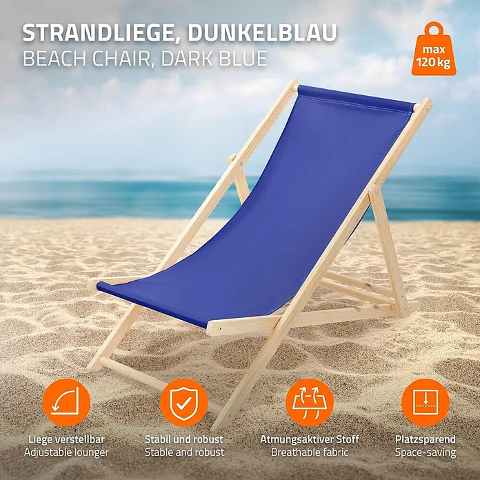 ECD Germany Garten-Liegestuhl Sonnenliege Dunkelblau Klappliegestuhl Relaxliege - 1 Stk., Holz, Polyester, Dunkelblau, Braun - Dunkelblaue Strandliege aus Holz mit atmungsaktivem Stoff am Sandstrand.