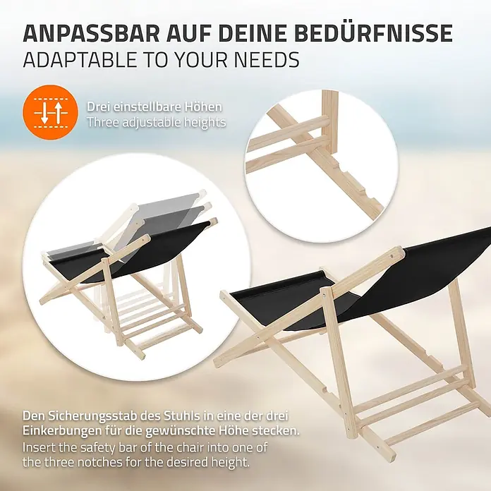 ECD Germany Garten-Liegestuhl 2er Set Sonnenliege Schwarz Klappliegestuhl Relaxliege - Holz, Polyester, Schwarz, Braun - Hölzerner Liegestuhl mit schwarzem Stoff, zeigt drei verstellbare Liegepositionen.