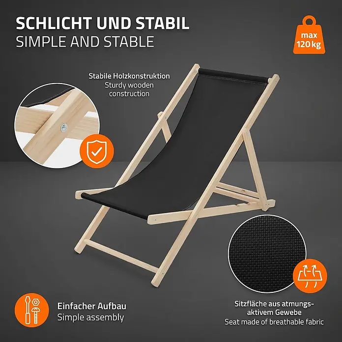 ECD Germany Garten-Liegestuhl 2er Set Sonnenliege Schwarz Klappliegestuhl Relaxliege - Holz, Polyester, Schwarz, Braun - Stabiler Liegestuhl mit hellem Holzrahmen und schwarzem, atmungsaktivem Stoffbezug.