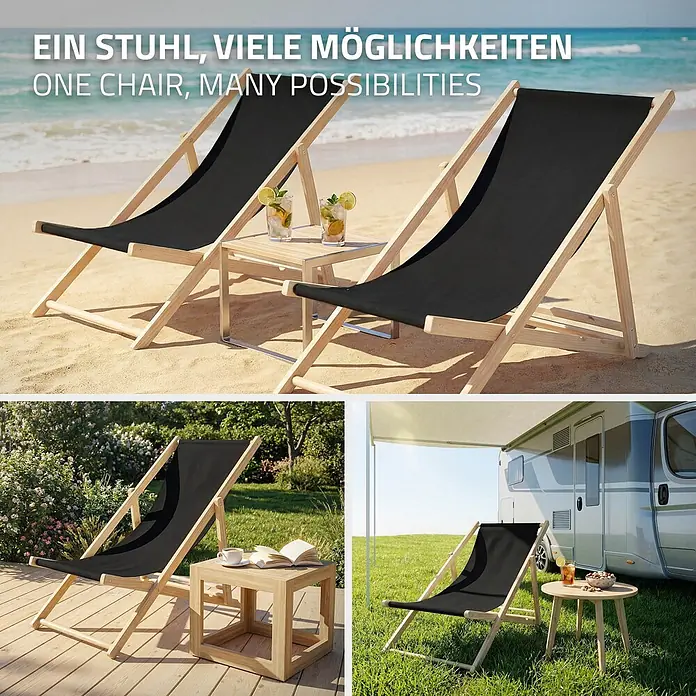 ECD Germany Garten-Liegestuhl 2er Set Sonnenliege Schwarz Klappliegestuhl Relaxliege - Holz, Polyester, Schwarz, Braun - Vielseitiger schwarzer Liegestuhl mit hellem Holzrahmen, am Strand, auf der Terrasse und beim Camping gezeigt.
