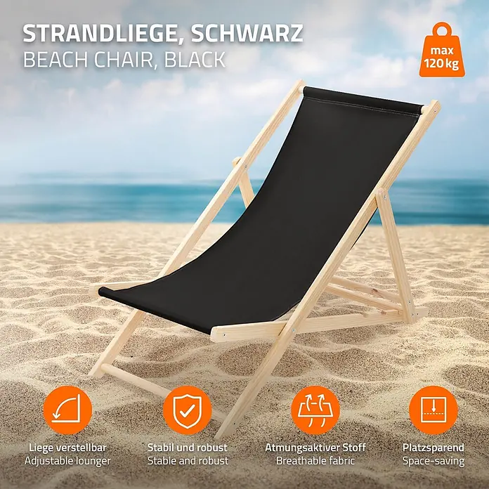 ECD Germany Garten-Liegestuhl 2er Set Sonnenliege Schwarz Klappliegestuhl Relaxliege - Holz, Polyester, Schwarz, Braun - Schwarzer Strandliegestuhl mit hellem Holzrahmen, am Sandstrand vor dem Meer aufgestellt.