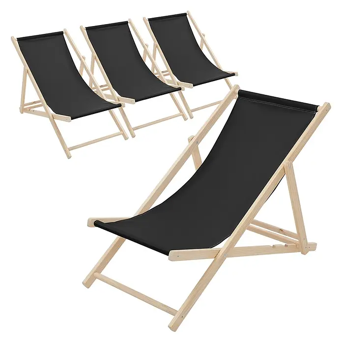 ECD Germany Garten-Liegestuhl 4er Set Sonnenliege Schwarz Klappliegestuhl Relaxliege - Holz, Polyester, Schwarz, Braun - Vier schwarze Liegestühle mit hellen Holzrahmen.
