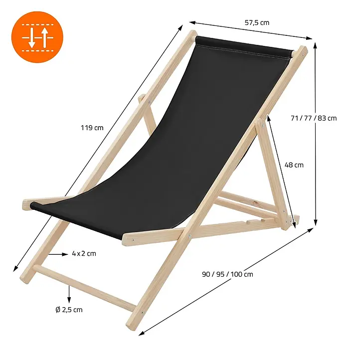 ECD Germany Garten-Liegestuhl 2er Set Sonnenliege Schwarz Klappliegestuhl Relaxliege - Holz, Polyester, Schwarz, Braun - Verstellbarer Liegestuhl aus schwarzem Stoff mit hellem Holzrahmen und Maßen.