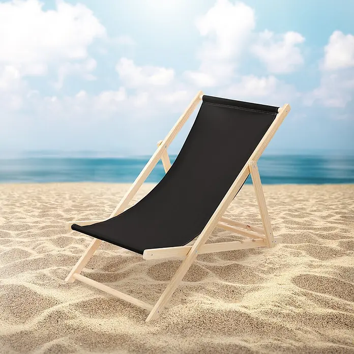 ECD Germany Garten-Liegestuhl 2er Set Sonnenliege Schwarz Klappliegestuhl Relaxliege - Holz, Polyester, Schwarz, Braun - Schwarzer Liegestuhl mit Holzrahmen am Sandstrand.