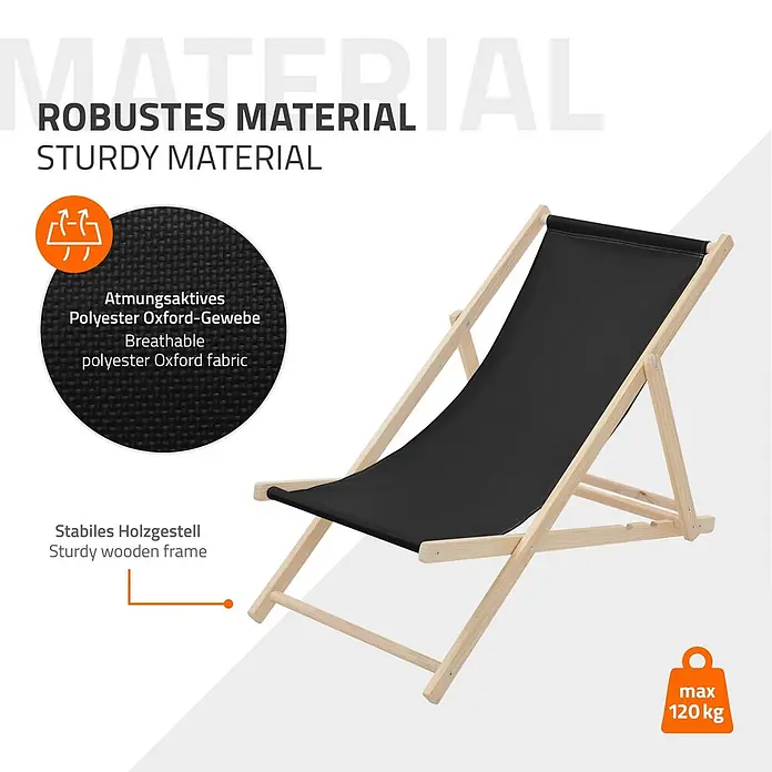 ECD Germany Garten-Liegestuhl 2er Set Sonnenliege Schwarz Klappliegestuhl Relaxliege - Holz, Polyester, Schwarz, Braun - Schwarzer Liegestuhl mit Holzrahmen, atmungsaktivem Polyester Oxford-Gewebe, tragfähig bis 120 kg.