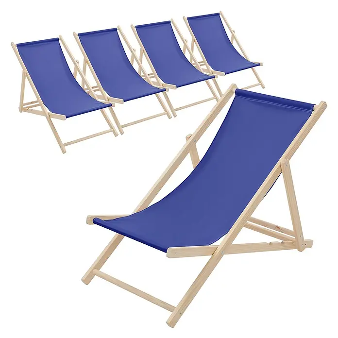 ECD Germany Garten-Liegestuhl 5er Set Sonnenliege Dunkelblau Klappliegestuhl Relaxliege - 5 Stk., Holz, Polyester, Dunkelblau, Braun - Fünf blaue Stoff-Liegestühle mit Naturholzrahmen, bereit zur Entspannung.