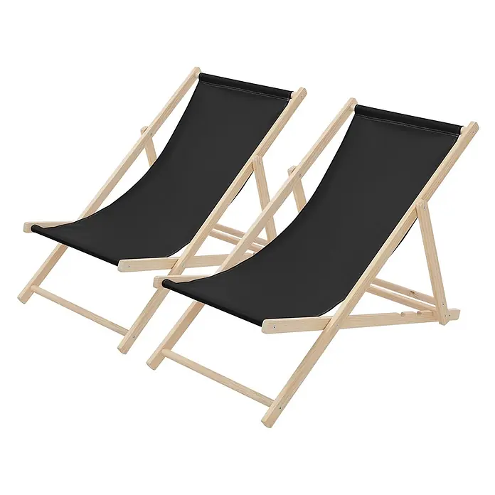 ECD Germany Garten-Liegestuhl 2er Set Sonnenliege Schwarz Klappliegestuhl Relaxliege - Holz, Polyester, Schwarz, Braun - Zwei schwarze Stoff-Liegestühle mit hellen Holzrahmen sind teilweise aufgeklappt und stehen nebeneinander.