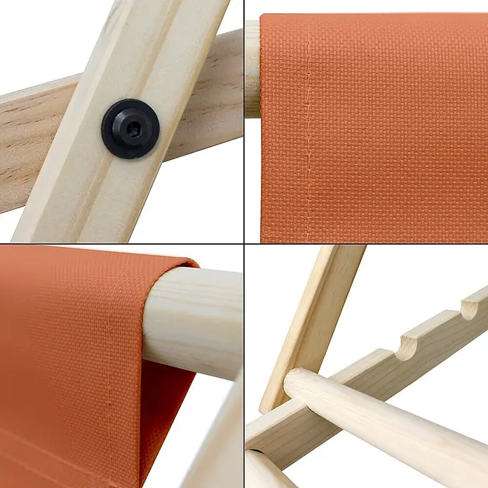 ECD Germany Garten-Liegestuhl Sonnenliege Orange Klappliegestuhl Relaxliege - Holz, Polyester, Orange, Braun - Detailfotos eines Holzliegestuhls. Zeigt orangefarbenen Stoff, Holzrahmen und Verstellmechanismus.