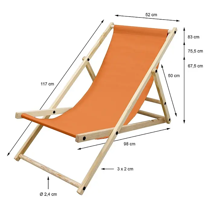 ECD Germany Garten-Liegestuhl Sonnenliege Orange Klappliegestuhl Relaxliege - Holz, Polyester, Orange, Braun - Klappbarer Liegestuhl mit hellem Holzrahmen und orangefarbenem Stoffbezug, Maße dargestellt.