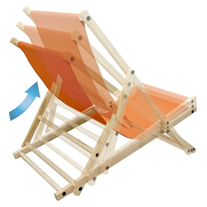 ECD Germany Garten-Liegestuhl Sonnenliege Orange Klappliegestuhl Relaxliege - Holz, Polyester, Orange, Braun - Verstellbarer Holz-Liegestuhl mit orangefarbenem Stoff, zeigt mehrere Rückenlehnenpositionen und einen Verstellpfeil.