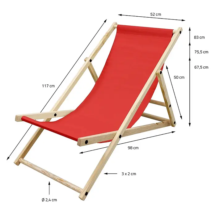 ECD Germany Garten-Liegestuhl Sonnenliege Rot Klappliegestuhl Relaxliege - Holz, Polyester, Rot, Braun - Roter Holz-Liegestuhl mit Maßen: 117 cm Länge, 52 cm Breite und Höhen von 67,5 cm bis 83 cm.