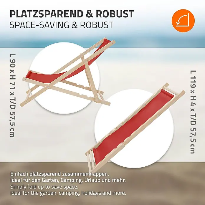 ECD Germany Garten-Liegestuhl 2er Set Sonnenliege Rot Klappliegestuhl Relaxliege - 2 Stk., Holz, Polyester, Rot, Braun - Roter und hölzerner klappbarer Liegestuhl, ausgeklappt und zusammengeklappt zur Platzersparnis dargestellt.