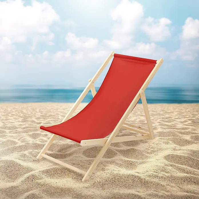 ECD Germany Garten-Liegestuhl 2er Set Sonnenliege Rot Klappliegestuhl Relaxliege - 2 Stk., Holz, Polyester, Rot, Braun - Roter Stoff-Liegestuhl mit hellem Holzrahmen, am Sandstrand am Meer.