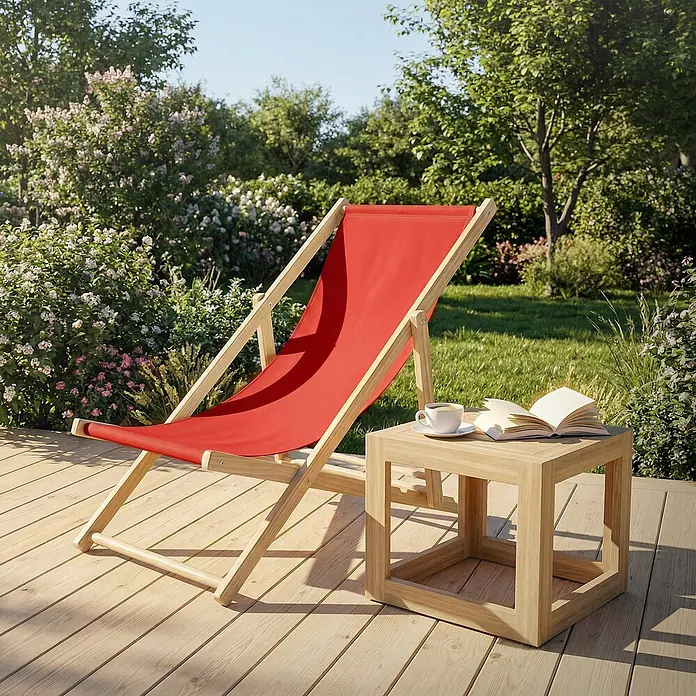 ECD Germany Garten-Liegestuhl 2er Set Sonnenliege Rot Klappliegestuhl Relaxliege - 2 Stk., Holz, Polyester, Rot, Braun - Roter Liegestuhl mit Holzgestell und Beistelltisch auf einer Terrasse im Garten.