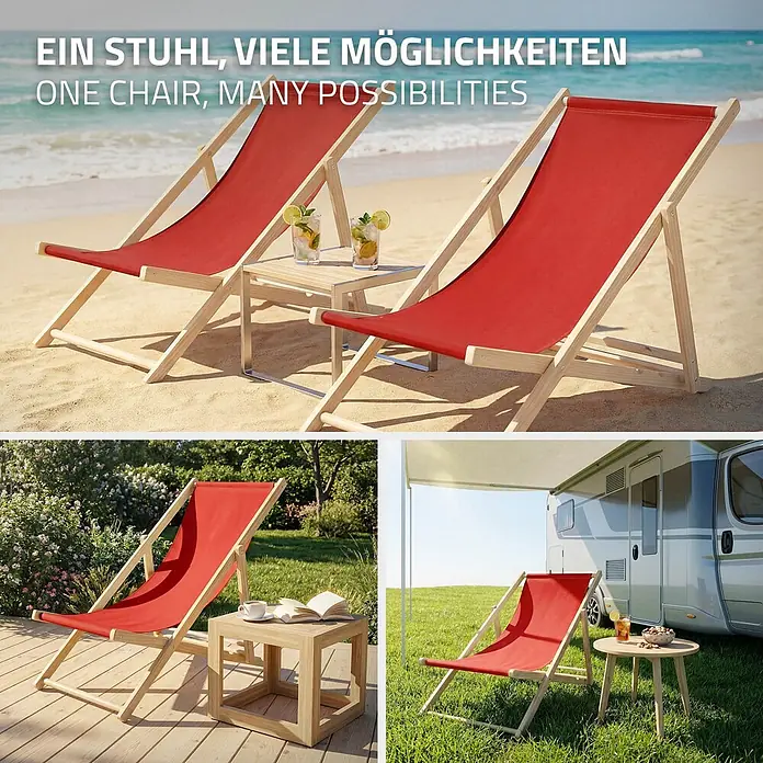 ECD Germany Garten-Liegestuhl 2er Set Sonnenliege Rot Klappliegestuhl Relaxliege - 2 Stk., Holz, Polyester, Rot, Braun - Roter Liegestuhl mit Holzgestell und Stoffbezug, vielseitig in verschiedenen Außenbereichen gezeigt.