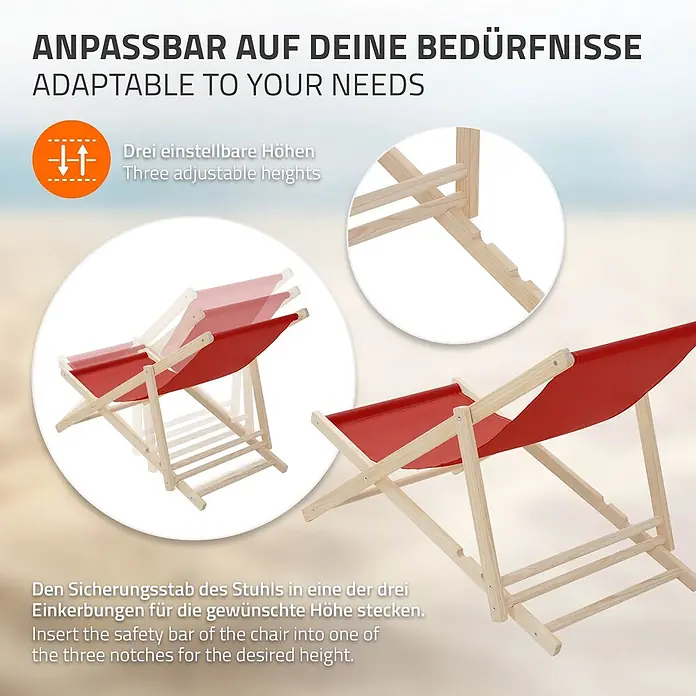 ECD Germany Garten-Liegestuhl 2er Set Sonnenliege Rot Klappliegestuhl Relaxliege - 2 Stk., Holz, Polyester, Rot, Braun - Roter Liegestuhl aus Holz mit drei verstellbaren Neigungspositionen und Mechanismusdetails.