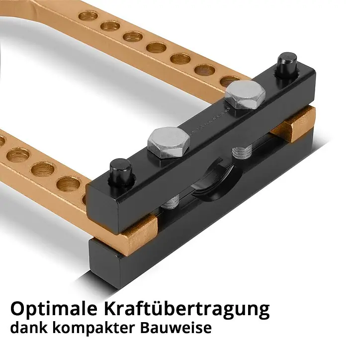 STAHLWERK Schweißzubehör-Set Gelenkwellen-Abzieher Antriebswellen-Trenner -  - Schwarze Klemme mit silbernen Schrauben hält goldene Lochstange, für kompakte Kraftübertragung.
