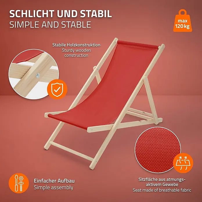 ECD Germany Garten-Liegestuhl 2er Set Sonnenliege Rot Klappliegestuhl Relaxliege - 2 Stk., Holz, Polyester, Rot, Braun - Roter Liegestuhl mit stabilem Holzgestell und atmungsaktiver Stoff-Sitzfläche, einfacher Aufbau, max. 120 kg.