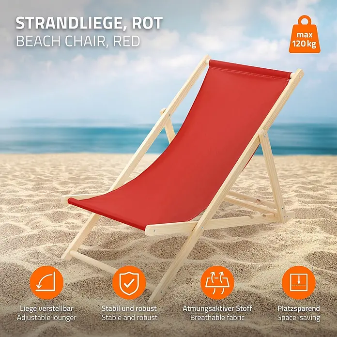 ECD Germany Garten-Liegestuhl 2er Set Sonnenliege Rot Klappliegestuhl Relaxliege - 2 Stk., Holz, Polyester, Rot, Braun - Ein roter Stoff- und Holz-Strandstuhl steht am Sandstrand, mit verstellbarem und stabilem Design.