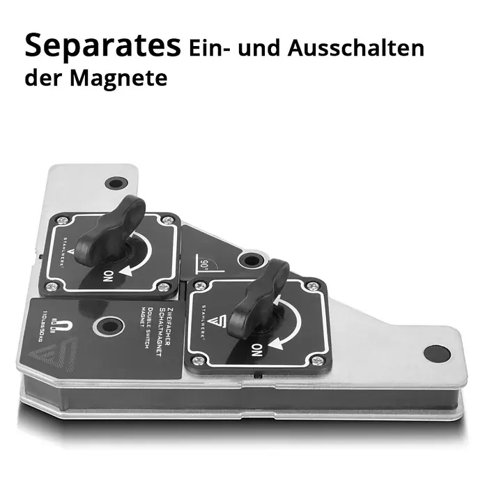STAHLWERK Schweißzubehör-Set Zweifachschaltmagnet -  - Silberner Doppelschalter-Magnetschweißwinkel mit schwarzen ON/OFF-Drehknöpfen für präzise Werkstückpositionierung.