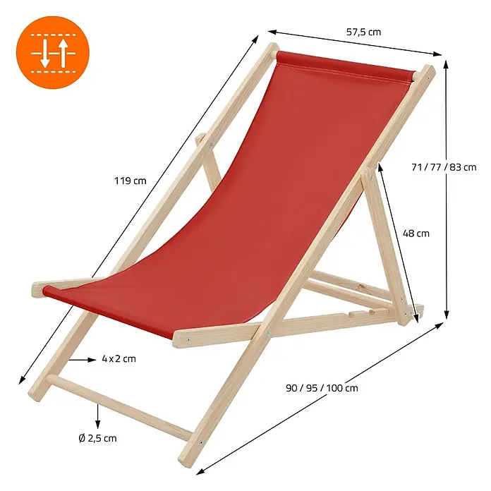 ECD Germany Garten-Liegestuhl 2er Set Sonnenliege Rot Klappliegestuhl Relaxliege - 2 Stk., Holz, Polyester, Rot, Braun - Verstellbarer Deckchair aus rotem Stoff und Holz mit sichtbaren Maßen.