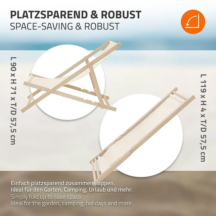 ECD Germany Garten-Liegestuhl 10er Set Sonnenliege Beige Klappliegestuhl Relaxliege - Holz, Polyester, Beige, Braun - Ein klappbarer Liegestuhl aus hellem Holz und cremefarbenem Stoff, offen und kompakt zusammengeklappt dargestellt.