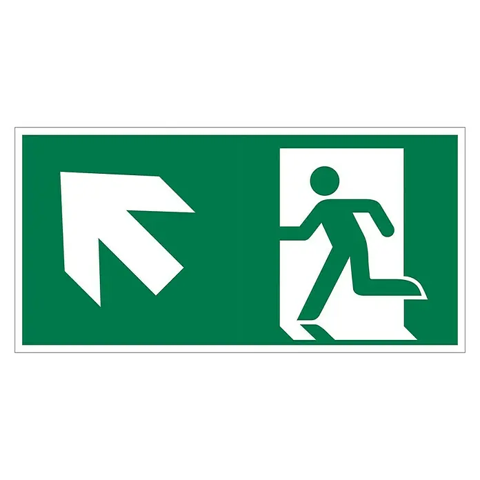 Pickup Fluchtwegschild - Motiv: Notausgang-Pfeil links oben, L x B: 30 x 15 cm - Grün-weißes Schild mit einer laufenden Person, die durch eine Tür geht, und einem Pfeil nach links oben, um einen Notausgang anzuzeigen.