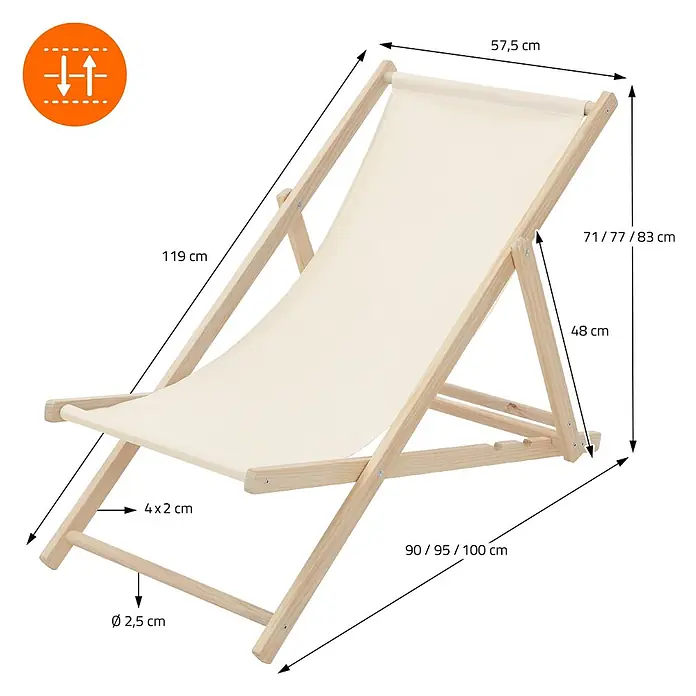 ECD Germany Garten-Liegestuhl 10er Set Sonnenliege Beige Klappliegestuhl Relaxliege - Holz, Polyester, Beige, Braun - Verstellbarer Holz-Liegestuhl mit cremefarbenem Stoffbezug, Maße angegeben.
